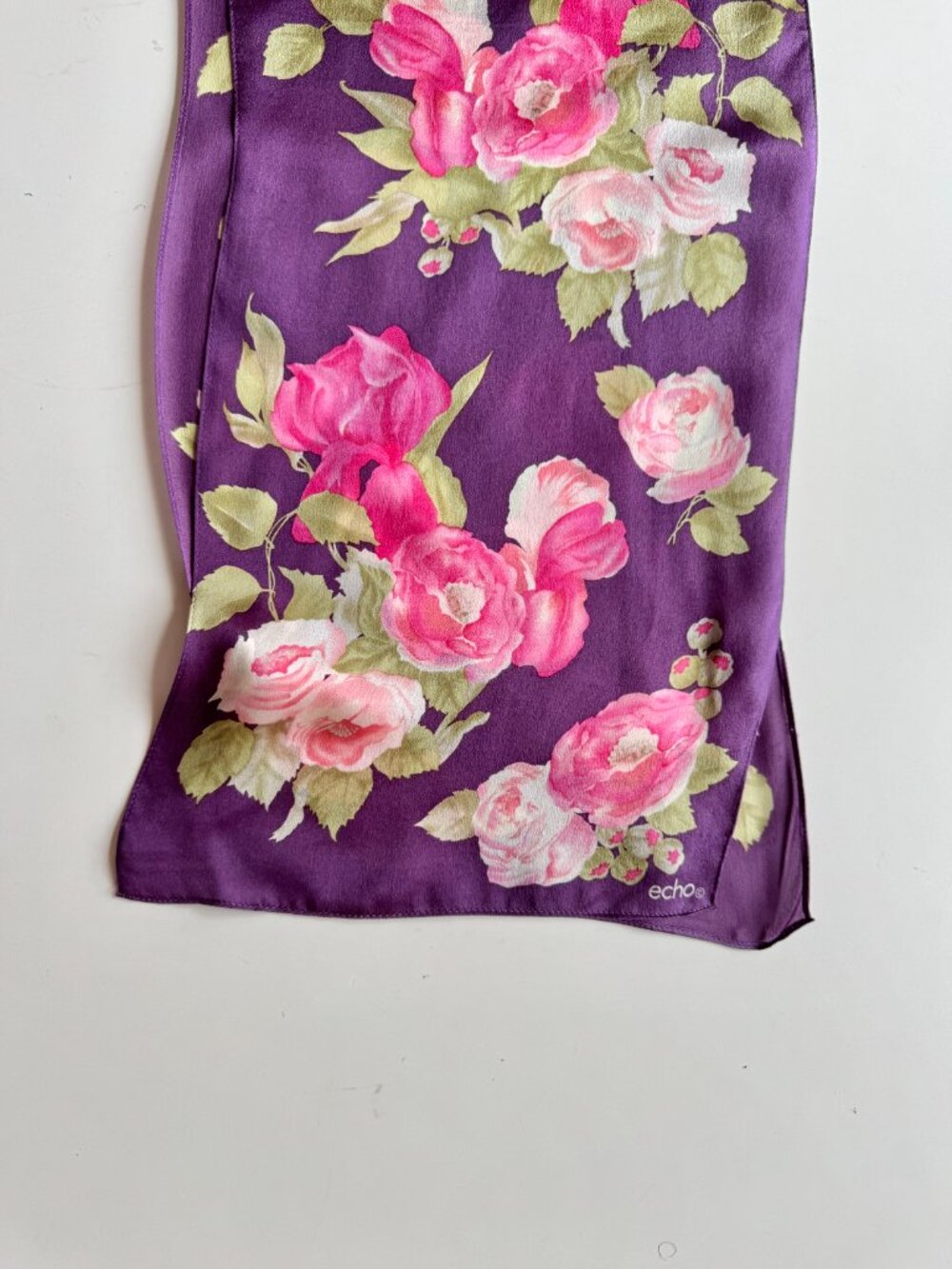 Vintage ECHO Purple Pink Floral Print Silk Charmeuse 59" x 9.5" Rectangle Scarf - Picture 5 of 9